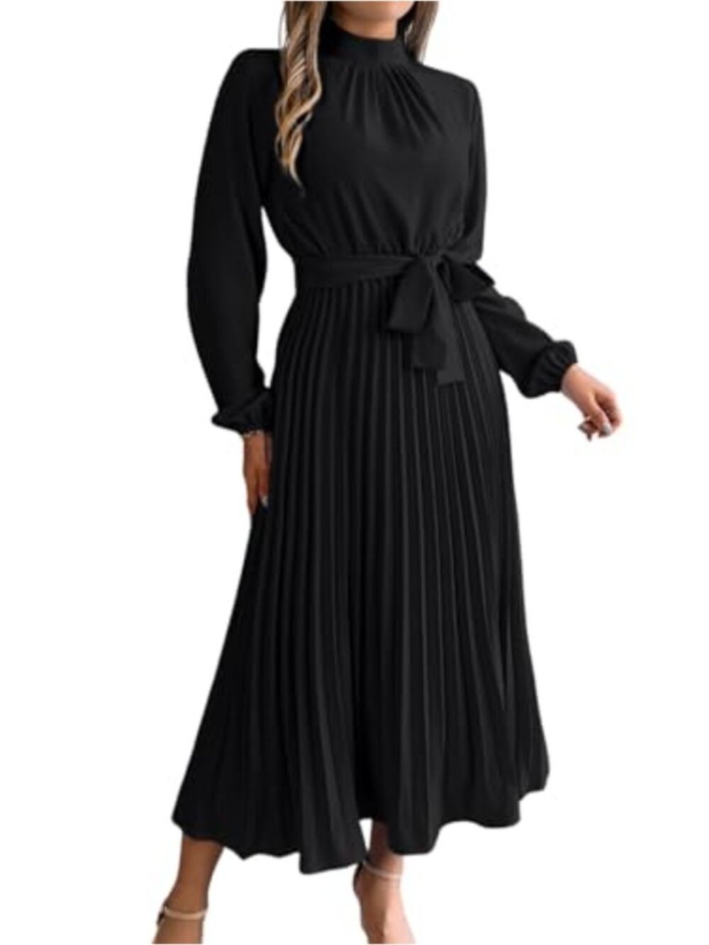 Pleated Maxi Dress Mock Neck Long Sleeve A-Line Flow Business Casual